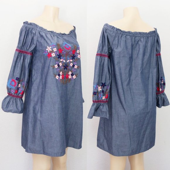 Max Studio 100% Cotton Floral Embroidered Off Shoulder Denim Chambray Dress M - Picture 5 of 15